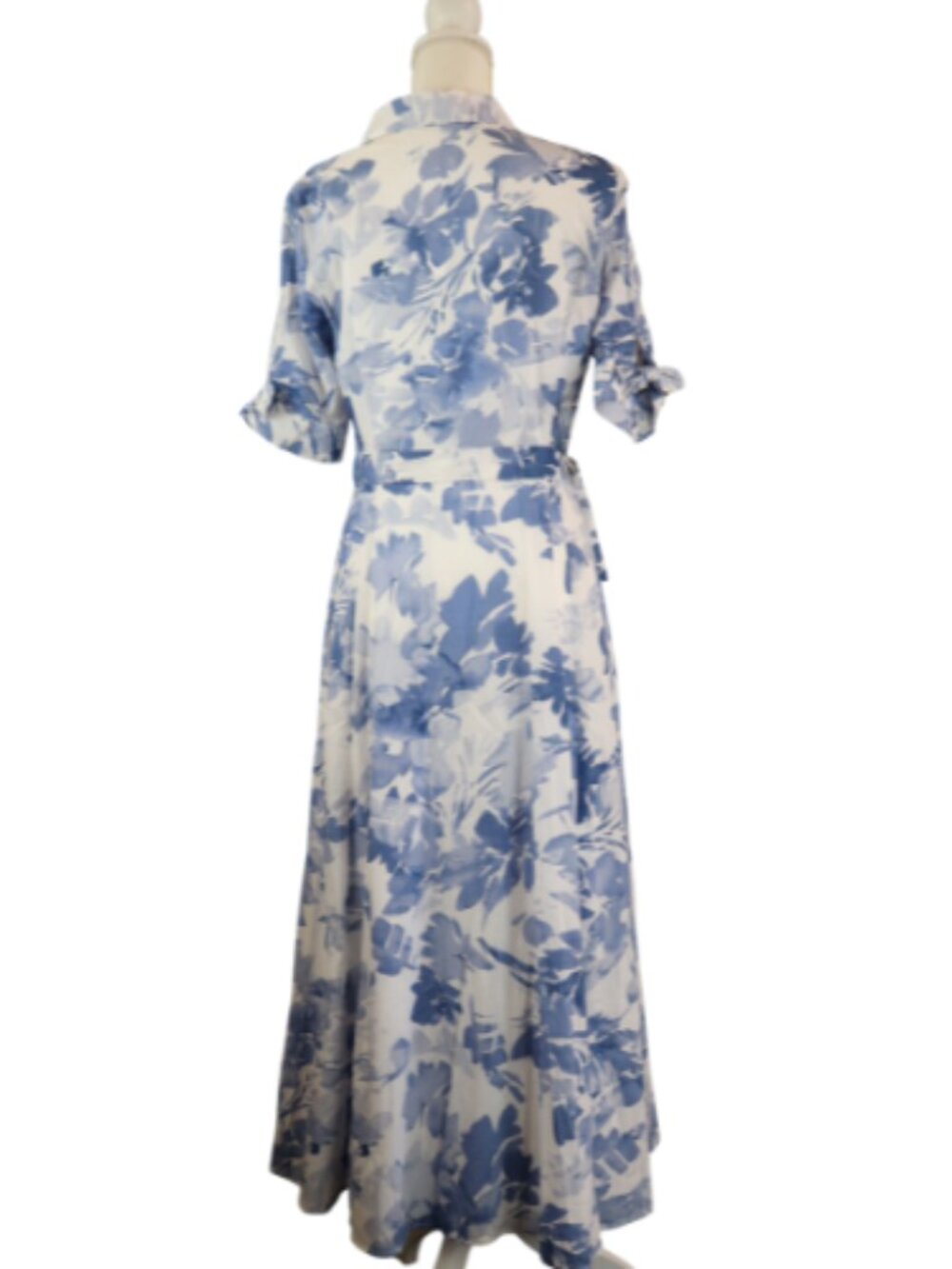 Calvin Klein Blue White Floral Shirt Dress V Neck Belted Dress Formal Size 6 - Picture 7 of 13